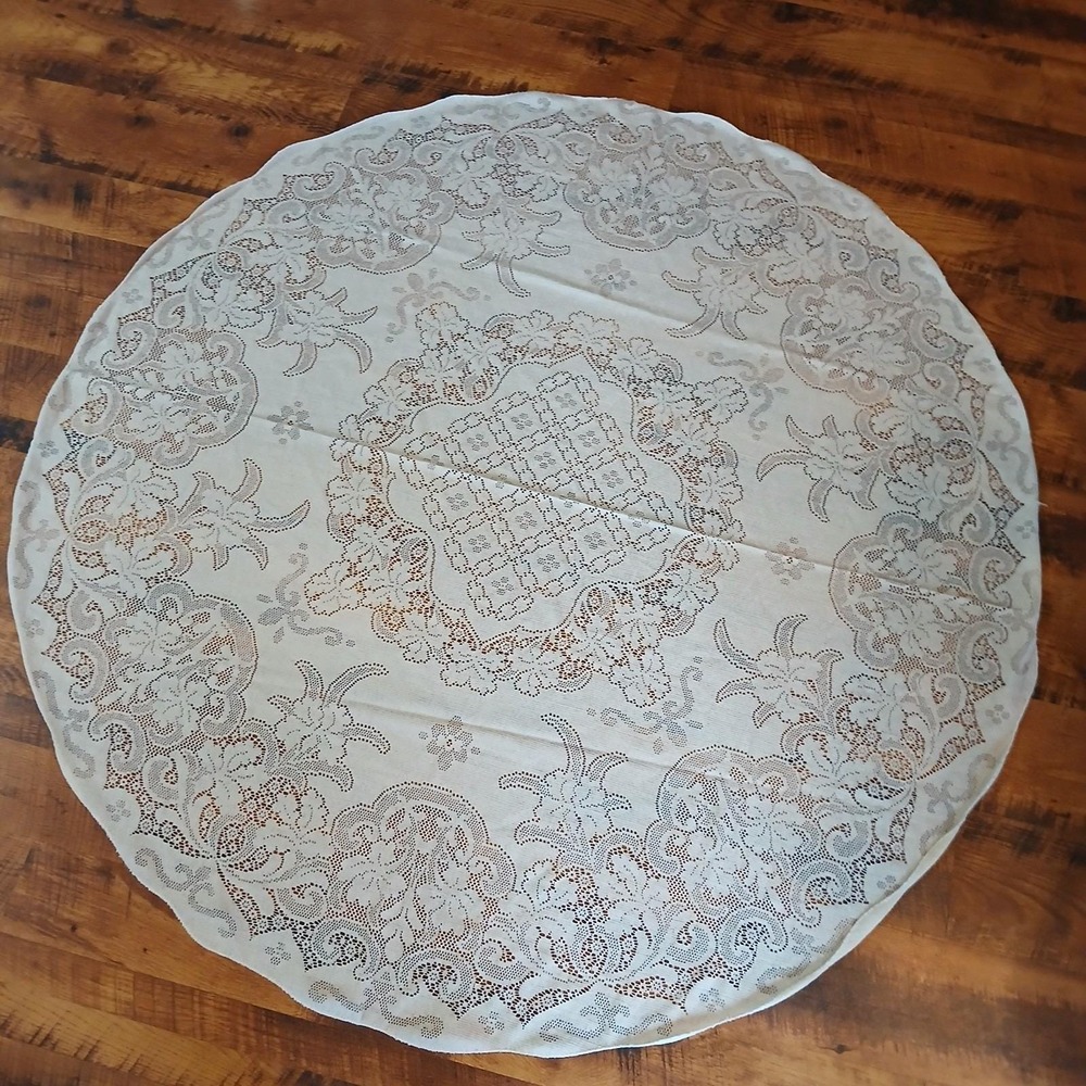 Vintage Woven Cream Tan Ivory Lace Round Tablecloth Cotton Floral 66"